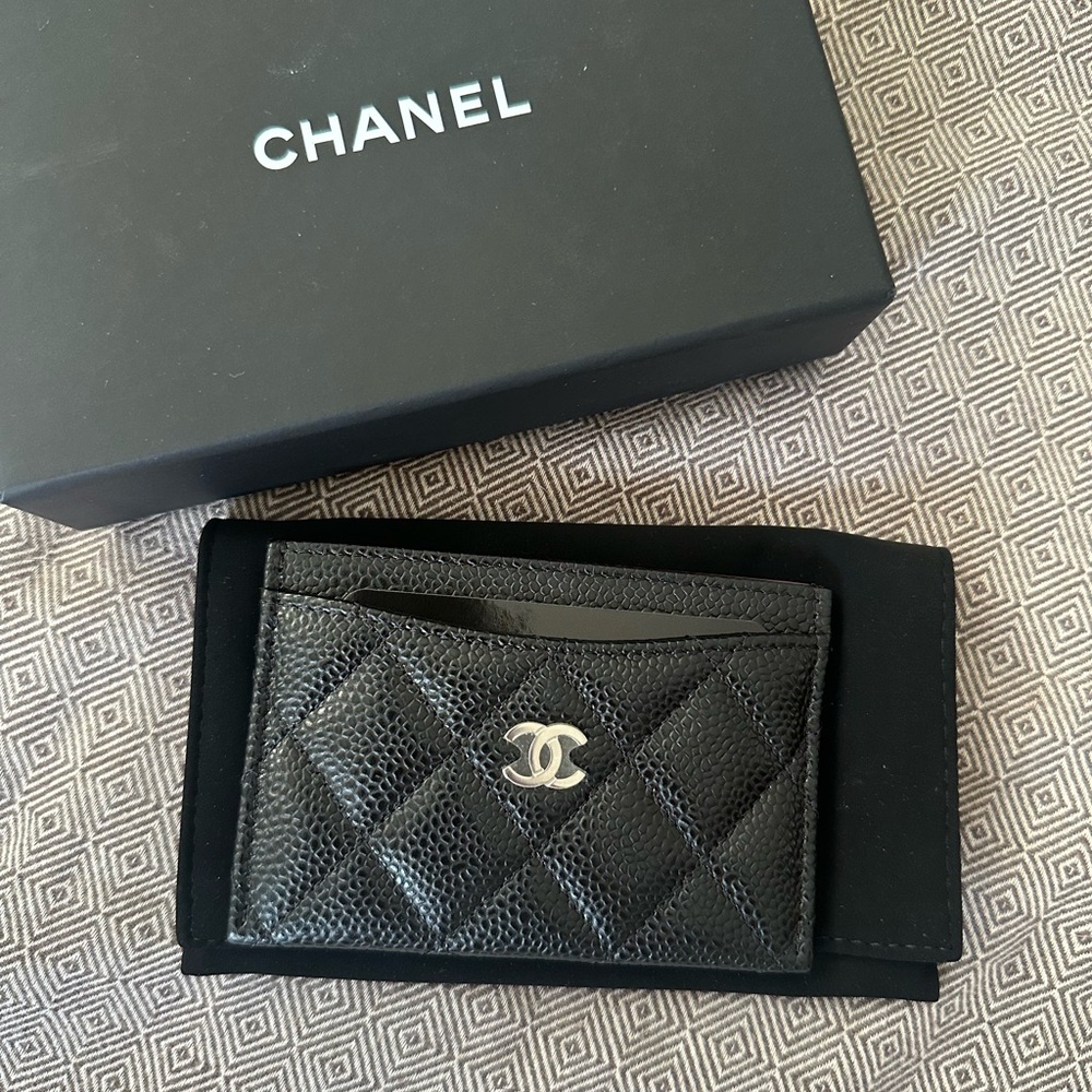 CHANEL Quilted Black O-Card Case silver hardware